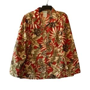 220 Hickory Women's LG Top Blouse Brown Red Floral Button Collar Woven